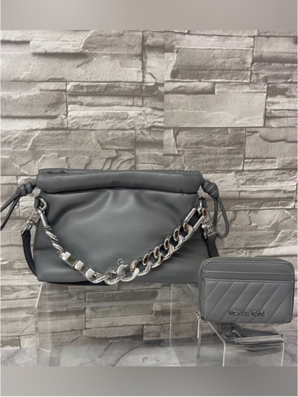 Michael Kors Lina XS Drawstring Crossbody Soft Plush Leather Heather Gray Set - Picture 16 of 16